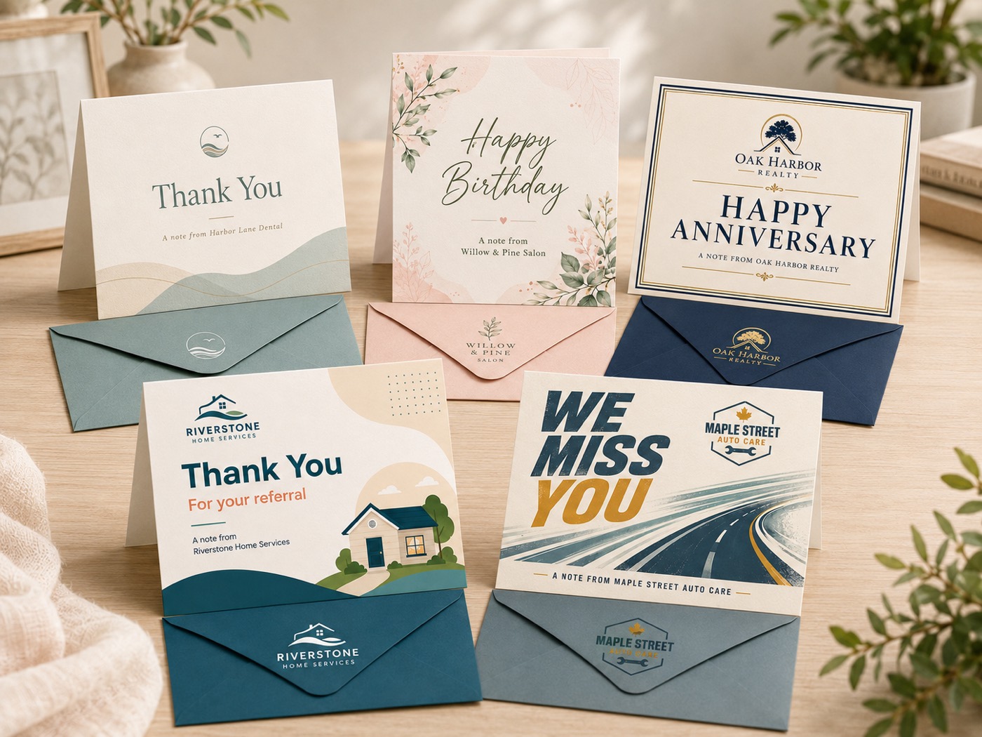 Five branded example customer cards with matching envelopes: thank-you, birthday, anniversary, referral, and win-back designs